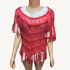 Poncho de Crochê com Franjas Vermelho Metálico